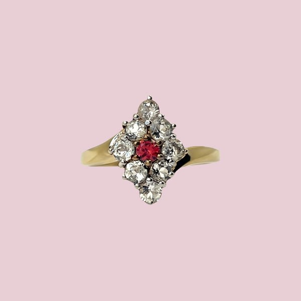 vintage ring granaat en kwarts cluster goud