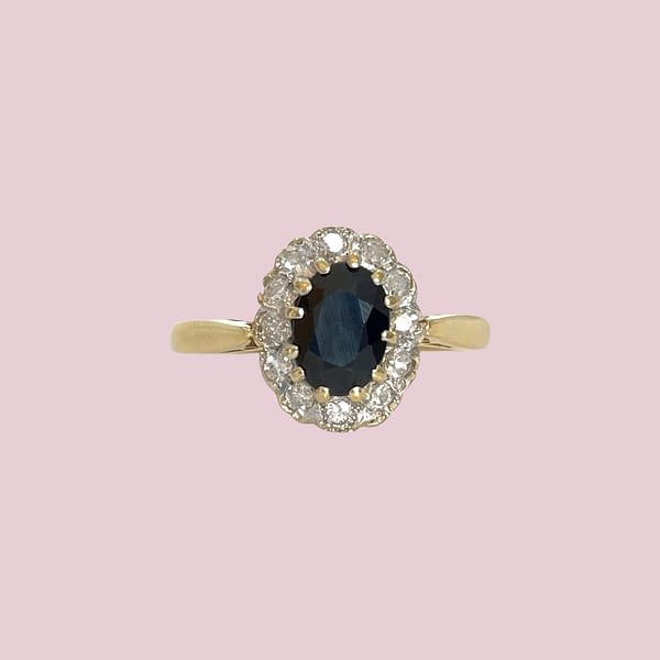 vintage lady di ring saffier diamant cluster