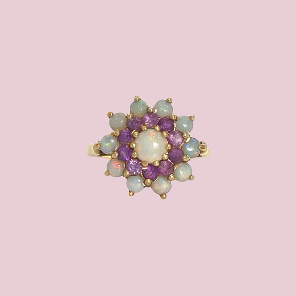 vintage ring met bloem van amethist en opaal