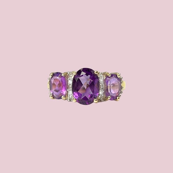 gouden amethist trilogie ring diamant 10k