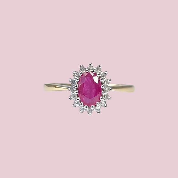 ring robijn diamant cluster 9 karaat goud