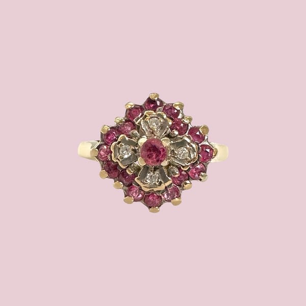 vintage gouden ring robijn en diamant bloem cluster 9 karaat